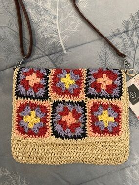 NWTS Live in Style Woven Crochet Square Crossbody Bag in Multi-Color BOHO